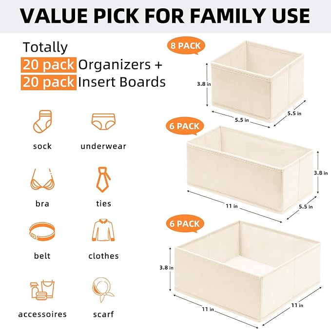 【FAMILY PACK】Drawer Organizer Clothes, 20 Pack Dresser Organizer Bins for Baby Clothes - Underwear Bra Sock Organizer - Fabric Closet Organization and Storage Dividers for Nursery Bedroom Dorm