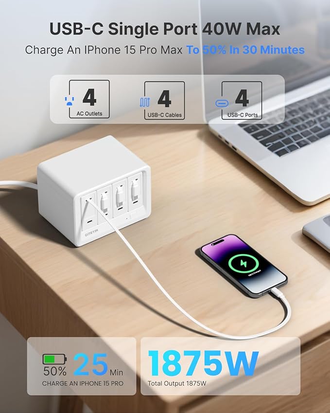 12-in-1 Desktop Charging Station with 4 Retractable Wall Chargers, 40W USB-C Power Strip with 4 AC, 4 USB C, 4 Type-C 31.5in Cables, Extension Cord with 1020J Surge Protection for Home Office