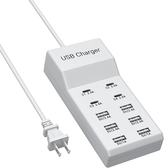 10-Port USB C Charger Block (6 USB-A Port & 4 USB-C Port), 50W10A Multiport Charger Hub for iPhone, Galaxy, iPad & More