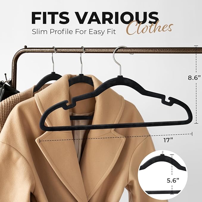 100 Pack Velvet Hanger for Shirt Pants Dresses Skirts Suits Jackets - Slim Space Saving Design - Standard Coat Hanger - Sturdy & Durable Design with Shoulder Grooves Hook - Black