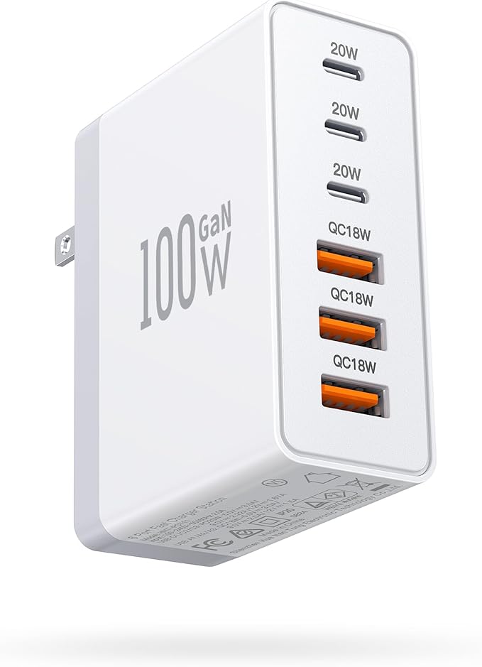 100W USB C Wall Charger,6-Port PD Fast USB C Charging Block,3 Type C+3Type A Multiport Plug,6 in 1 Charger Compatible with for iPhone 16/15/14/13/12/ProMax,iPad,AirPods4,Galaxy S25/S24,Watch,AirPorts