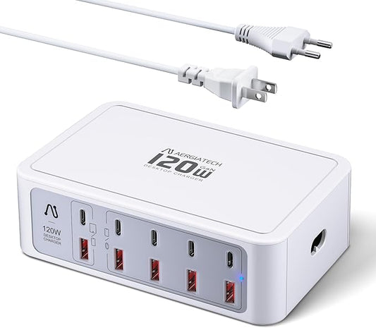 10-Ports USB and USB C Charging Station, 120W USB C Power Strip with PD3.0 and QC3.0 Fast Charging, Multiport Charging Hub for iPhone 15/14/13/12, iPad Air/Pro, Galaxy -White