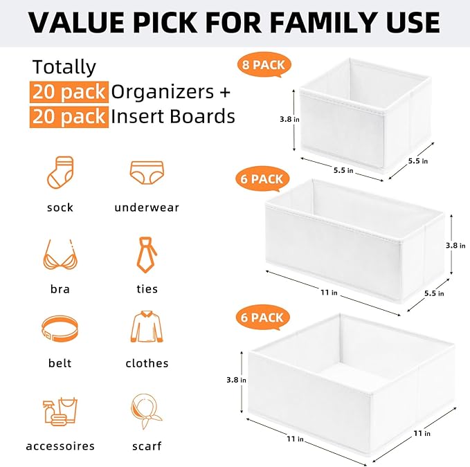 【FAMILY PACK】Drawer Organizer Clothes, 20 Pack Dresser Organizer Bins for Baby Clothes - Underwear Bra Sock Organizer - Fabric Closet Organization and Storage Dividers for Nursery Bedroom Dorm