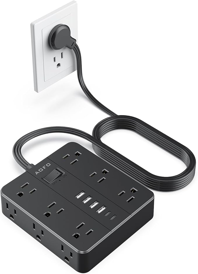 10FT Surge Protector Power Strip,12 AC Outlets with 6 USB Ports (2 USB-C), Flat Plug Extension Cord with Multiple Outlets, Wall Mount for Home Office,Dorm,Black