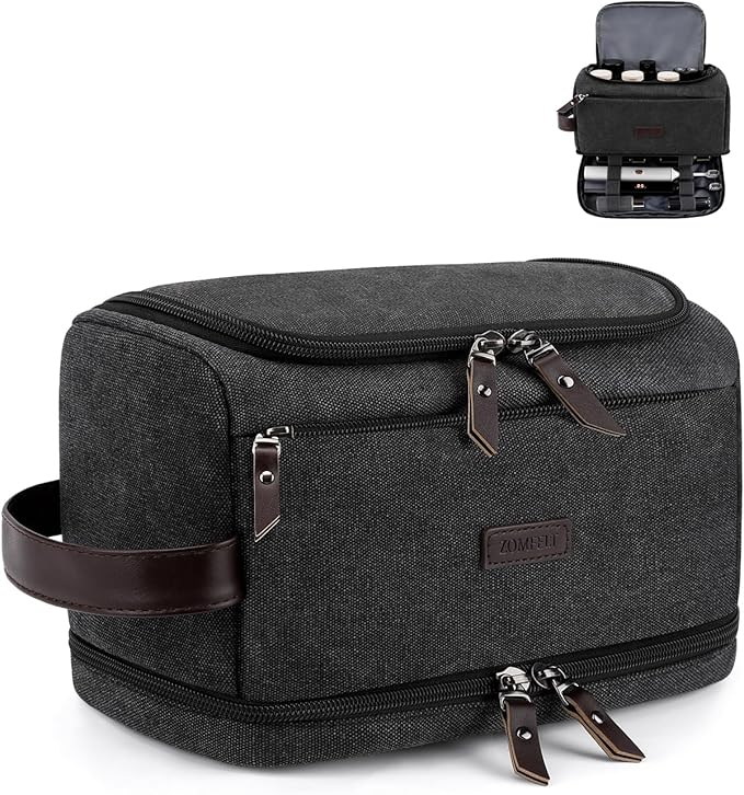 ZOMFELT Toiletry Bag for Men, Dual Layers Canvas Travel Toiletries Bag, Water-Resistant Travel Organizer with Elastic, Large Capacity Dopp Kit, Hanging Shaving Hygiene Bag, Black