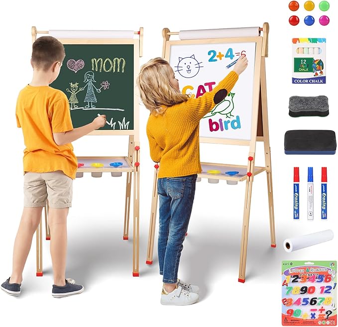 YOHOOLYO Kids Easel Wooden Children Art Easel Paper Roll,Double Sided Magnetic Whiteboard Chalkboard Dry Eraser Adjustable Height for Boys Girls Gifts