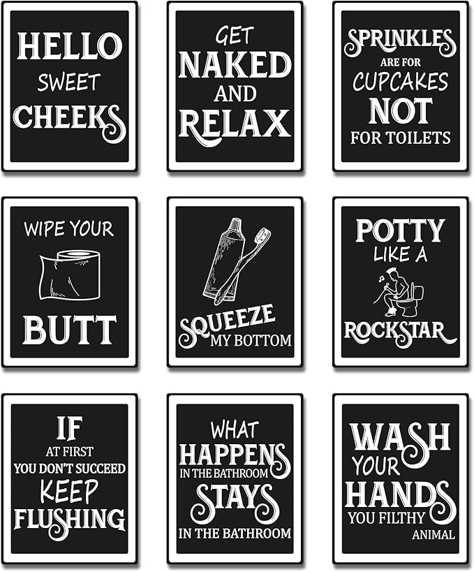 Zonon 9 Pieces Bathroom Wall Decor, Funny Vintage Bathroom Signs Washroom Quotes Sayings Art Prints Washroom Posters for Wall Restroom Toilet Decoration Pictures, Unframed(White Font)