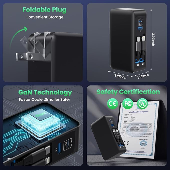 120W USB C Charger Block with 2 Built-in Retractable Cables,4-in-1 GaN IV Foldable Plug Wall Charger Fast Charging Station,PD 65W Laptop Adapter for MacBook/iPad,iPhone 16/15/14,Android (Black)