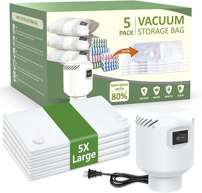 ZXA Vacuum Storage Bags with Electric Air Pump, 5 Pack Large 32''x 24'' Vacuum Seal Bags for Clothing, Space Saver Vacuum Storage Bags for Blanket, Duvets, Pillows, Comforters - White