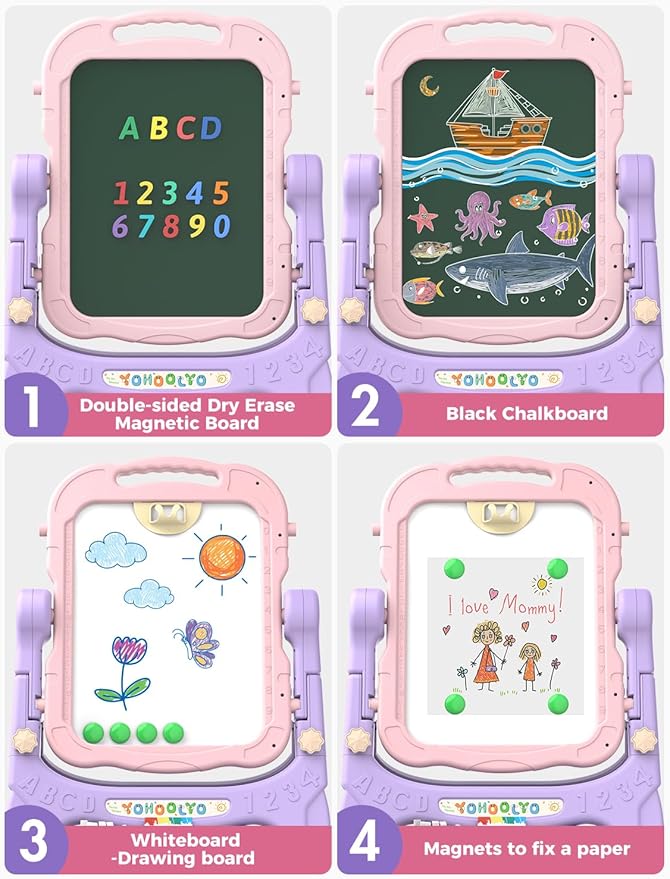 YOHOOLYO Kids Easel Standing Art Easel for Kids, Double Sided Children Pink Purple Easel Magnetic Chalkboard Whiteboard Dry Eraser Board Great Gift for Girls