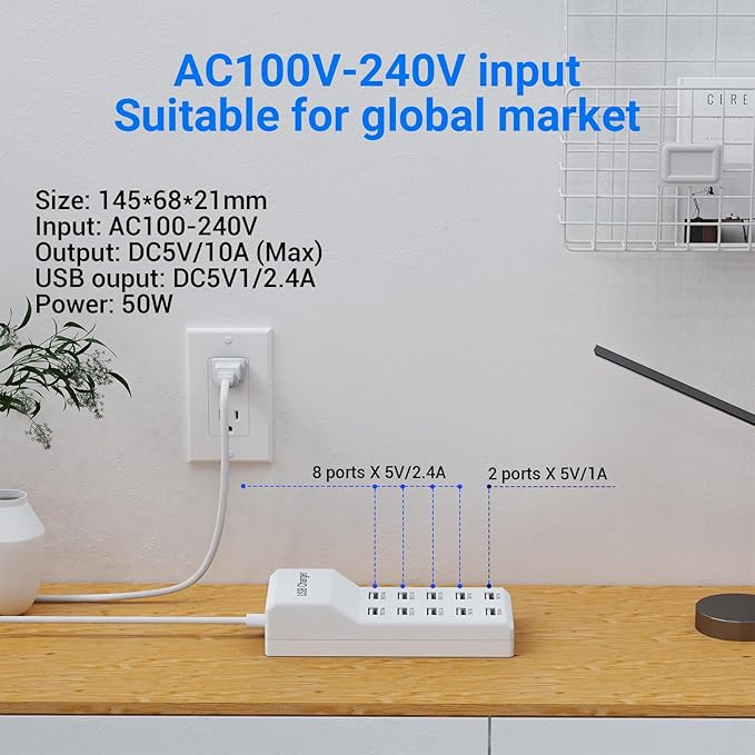 10-Port USB Charger Station, 50W10A Multiport Charger Hub for iPhone, Galaxy, iPad & More