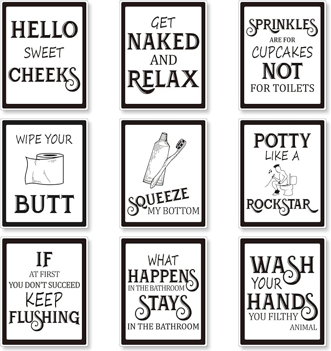 Zonon 9 Pieces Bathroom Wall Decor, Funny Vintage Bathroom Signs Washroom Quotes Sayings Art Prints Washroom Posters for Wall Restroom Toilet Decoration Pictures, Unframed(Black Font)
