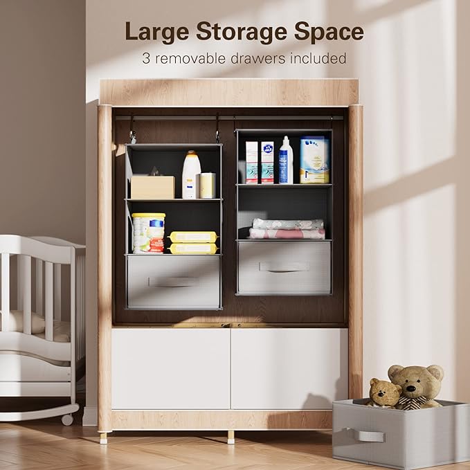 Pipishell 6-Shelf Hanging Closet Organizer, Hanging Shelves with 2 Separable 3-Tier Shelves, Closet Shelves Organizer with 3 Removable Drawers for Wardrobe, Nursery, Baby Clothes Organizer, Gray