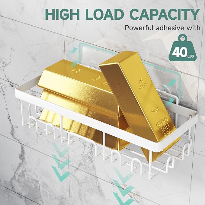 Veken Adhesive Shower Caddy 5-Pack,Heavy Weight Bearing,Large Wall Mounted Shower Shelves Rack,Organizer Storage Accessories with Soap Dish&Toothbrush Holder,Ideal for Bathroom,Home&Kitchen,White