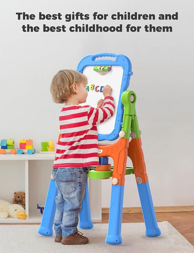 YOHOOLYO Kids Easel Standing Art Easel for Kids, Double Sided Children Pink Purple Easel Magnetic Chalkboard Whiteboard Dry Eraser Board Great Gift for Girls (Blue)