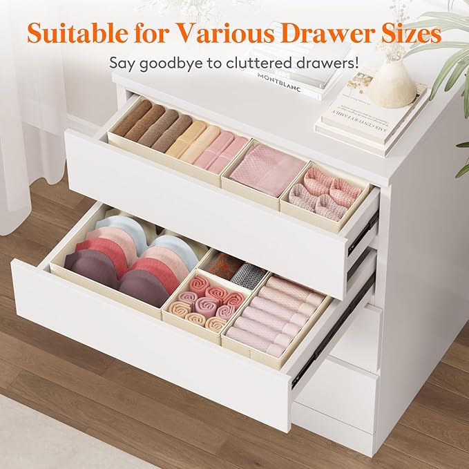 Lifewit 16 Pack Drawer Organizer, Dresser Underwear Drawer Organizer Bins, Foldable Fabric Closet Organizers, Storage Drawer Dividers, Dorm Room Essentials for Clothing, Socks, Towels, Ties Khaki