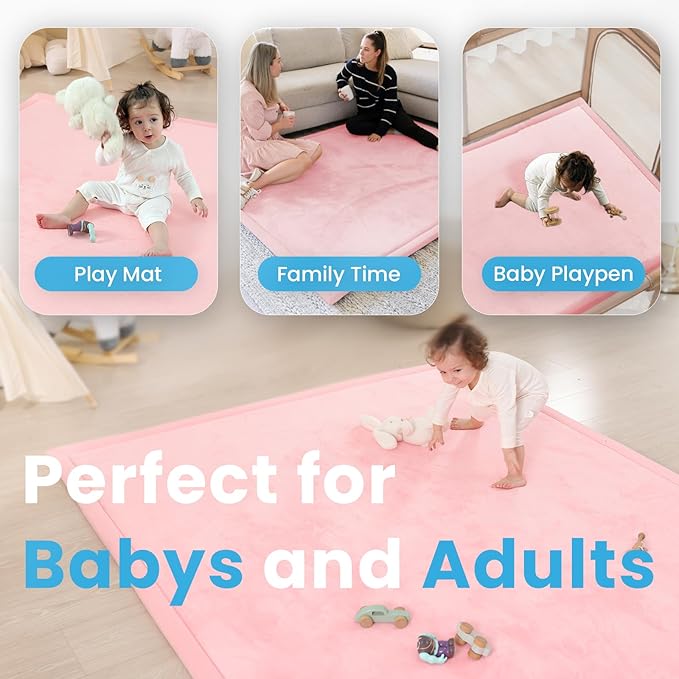 1.3" Thick Baby Play Mat for Floor, 39x59 Foam Tummy Time Mat, Padded Support Soft Plush Nursery Rug for Infant Kids Toddler Crawling Kick Activity (Pink)