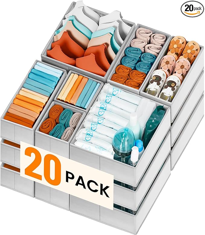 【FAMILY PACK】Drawer Organizer Clothes, 20 Pack Dresser Organizer Bins for Baby Clothes - Underwear Bra Sock Organizer - Fabric Closet Organization and Storage Dividers for Nursery Bedroom Dorm
