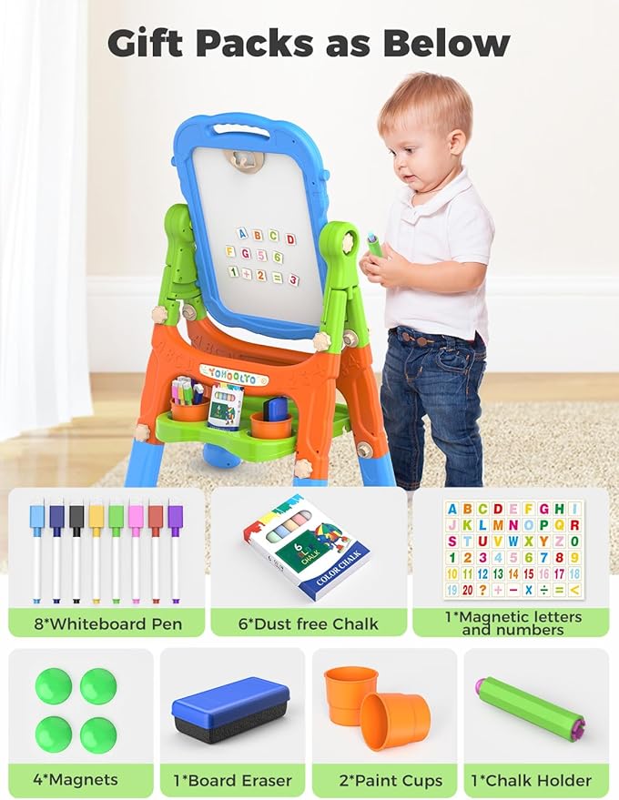 YOHOOLYO Kids Easel Standing Art Easel for Kids, Double Sided Children Pink Purple Easel Magnetic Chalkboard Whiteboard Dry Eraser Board Great Gift for Girls (Blue)