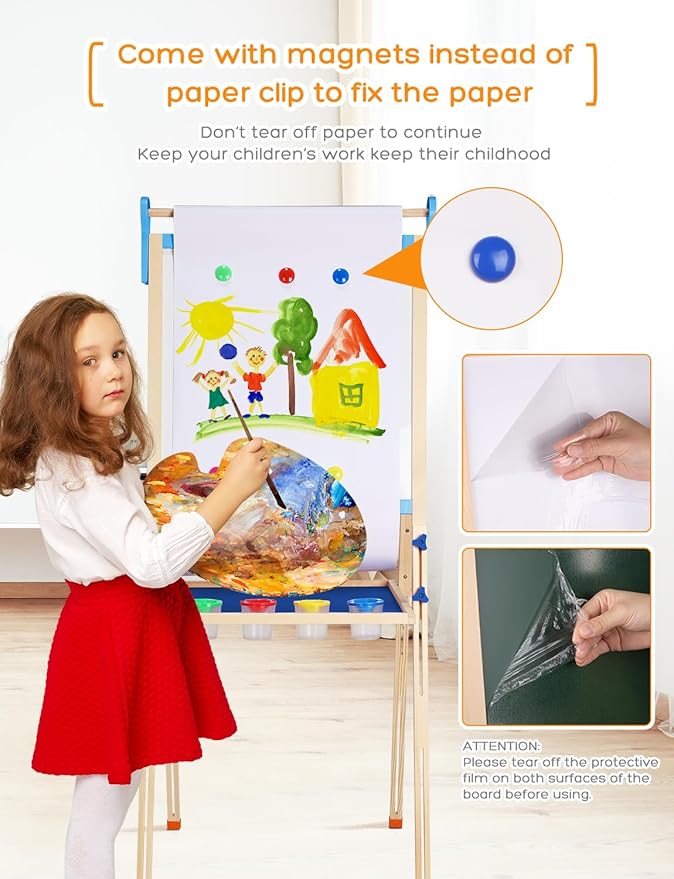 YOHOOLYO Kids Easel Wooden Children Art Easel Paper Roll,Double Sided Magnetic Whiteboard Chalkboard Dry Eraser Adjustable Height for Boys Girls Gifts