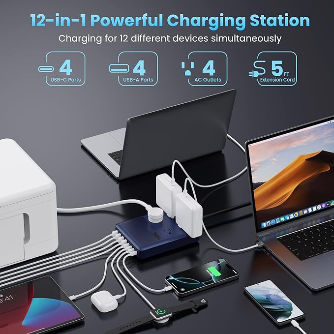12-in-1 Charging Station USB C Power Strip with 5ft Cord,200W GaN IV USB C Charger Block,4 AC Outlets,4 USB-A,4 USB-C for MacBook,iPhone 16/15/14,Fast Charging Desktop Charger for Office (A-Blue)