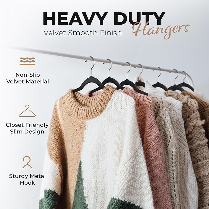 100 Pack Velvet Hanger for Shirt Pants Dresses Skirts Suits Jackets - Slim Space Saving Design - Standard Coat Hanger - Sturdy & Durable Design with Shoulder Grooves Hook - Black