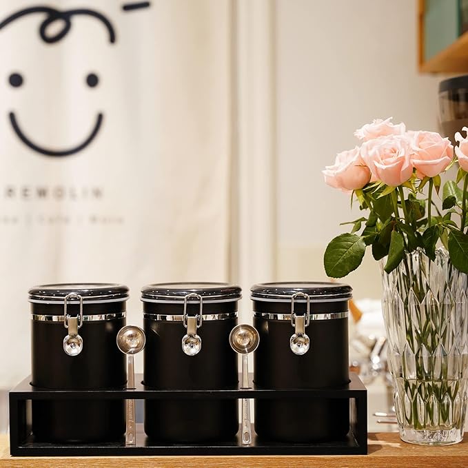 Yangbaga 3x63OZ Sugar Coffee Canisters with Shelf, 304 Stainless Steel Coffee Station Container for Ground Coffee Bean Storage with Airtight Locking Clamp&Scoop, Cereal Containers Storage for Kitchen