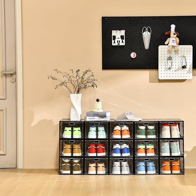 12 Pack Large Shoe Storage Box, Clear Shoe Storage Organizer with Magnetic Door, Stackable,Shoe Containers For Display Sneakers, Easy Assembly, Fit up to US Size 12, Transparent