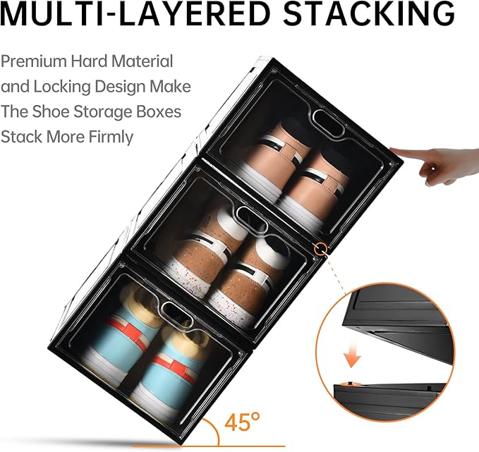 12 Pack Large Shoe Storage Box, Clear Shoe Storage Organizer with Magnetic Door, Stackable,Shoe Containers For Display Sneakers, Easy Assembly, Fit up to US Size 12, Black