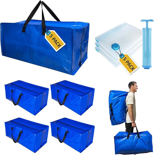 10 Pack Heavy Duty Extra Large Moving Bags with Backpack Straps & Vacuum Storage Supply Combo, Totes Handles Zippers for Space Saving, Fold Flat, Includes Bags, Blue, (HEV10)