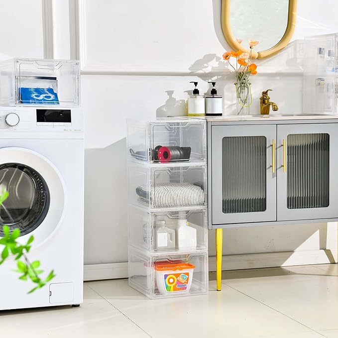 10 Pack Closet Organizers and Storage,Clear Stackable Plastic Storage Bins with Lids Magnetic Doors,Clothes Organizers and Storage,Plastic Craft Containers for Wardrobe Kitchen Bathroom Office