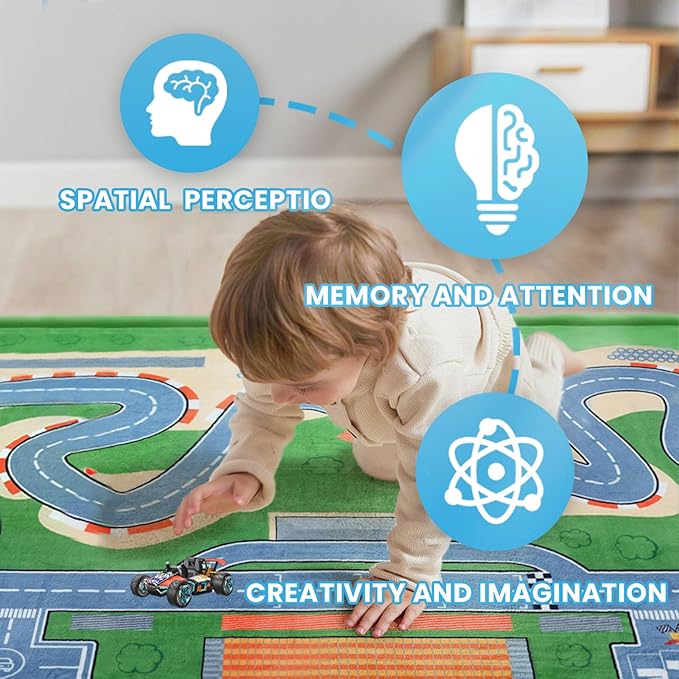 1.3" Thick Educational Baby Floor Play Mat 59x79, Basic Padded Memory Foam Kids Mat, Non-Slip Plush Playmat for Nursery Playroom Classroom (Race Track)