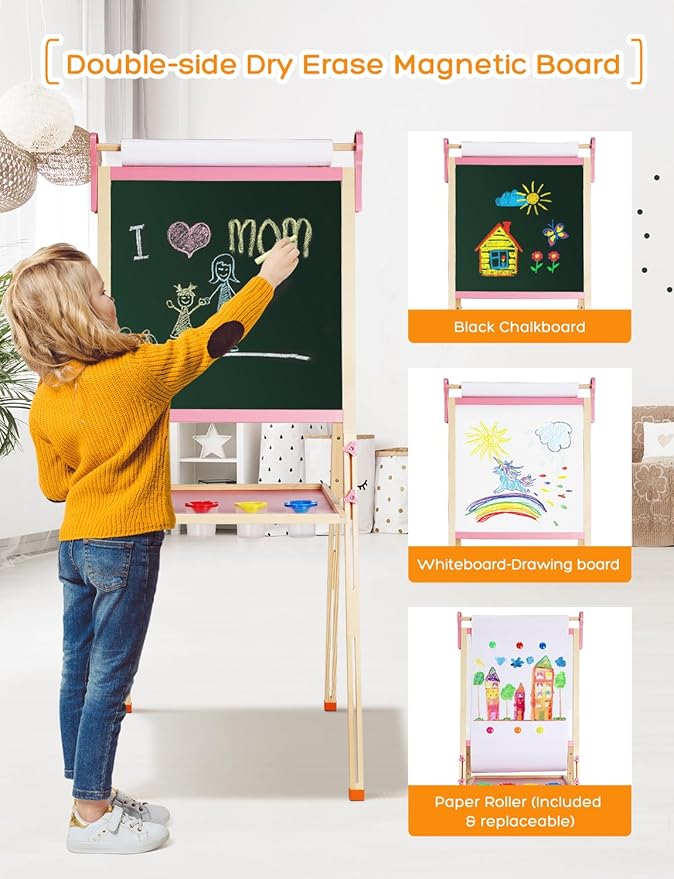 YOHOOLYO Kids Easel Wooden Children Art Easel Paper Roll,Double Sided Magnetic Whiteboard Chalkboard Dry Eraser Adjustable Height for Boys Girls Gifts