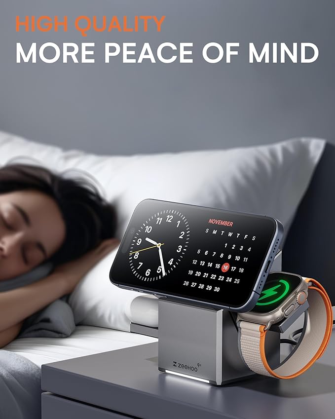 ZEEHOO 3 in 1 Charging Station for Apple, iPhone Mag-Safe Charger, Qi2 Certified, Rotating Wireless Charger Stand for iPhone 16,15,14,13,12 Series, Apple Watch, AirPods (USB-C Charger Included)