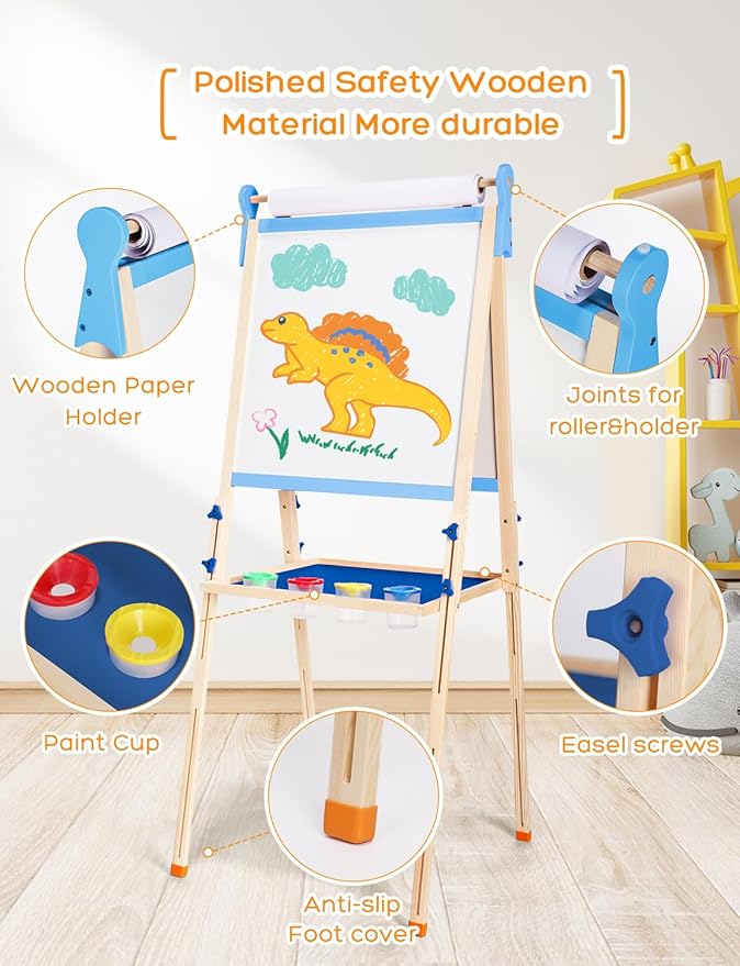 YOHOOLYO Kids Easel Wooden Children Art Easel Paper Roll,Double Sided Magnetic Whiteboard Chalkboard Dry Eraser Adjustable Height for Boys Girls Gifts