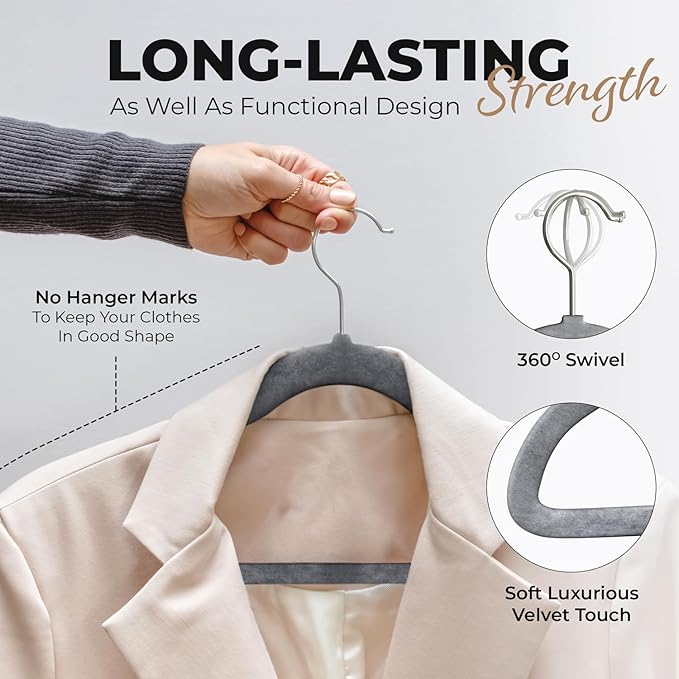 100 Pack Velvet Hanger for Shirt Pants Dresses Skirts Suits Jackets - Slim Space Saving Design - Standard Coat Hanger - Sturdy & Durable Design with Shoulder Grooves Hook - Grey