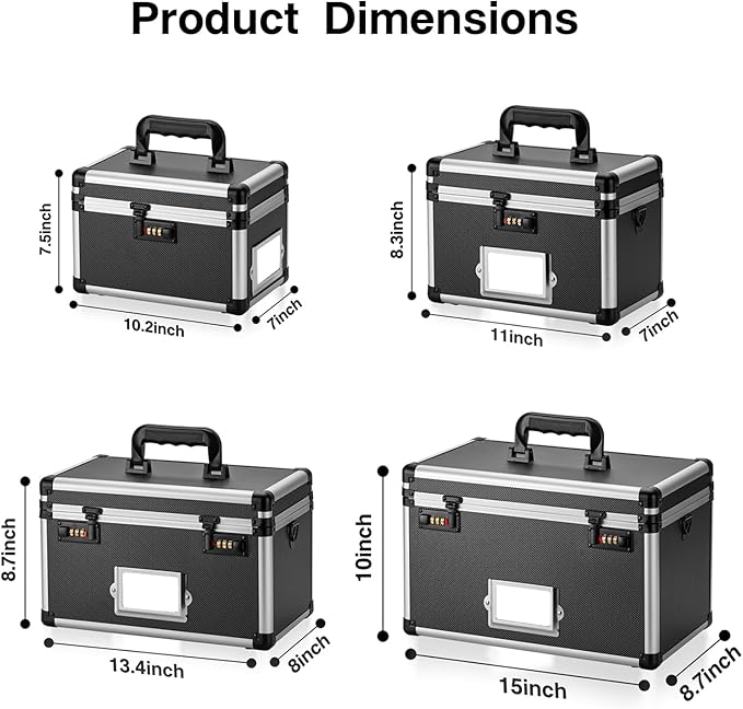 11 x 7 x 8.3 Inch Lockable Storage Box with Combination Lock, Portable Safe for Documents, Medicine, Cash & Valuables, Medicine Lock Box with Label Slot for Home, Office & Travel - Black