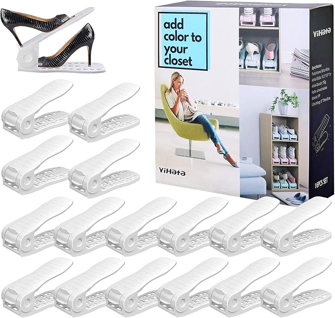 YIHATA Shoe Slots Organizer, Adjustable Shoe Stacker Storage Space Saver, Double Deck Shoe Rack Holder for Closet Organization, Thickening Quality Upgrade (16Pack, White)