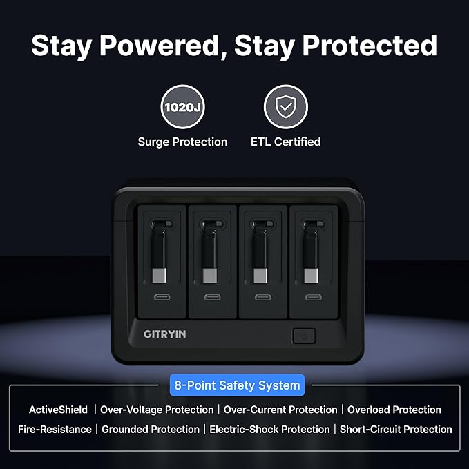 12-in-1 Desktop Charging Station with 4 Retractable Type-C Wall Chargers, 40W USB-C Power Strip with Flat Plug, Extension Cord with 1020J Surge Protection for Home Office