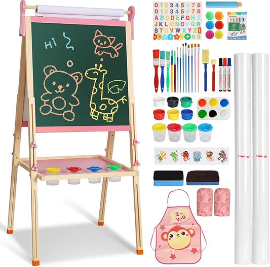 YOHOOLYO Kids Easel Wooden Children Art Easel Paper Roll,Double Sided Magnetic Whiteboard Chalkboard Dry Eraser Adjustable Height for Boys Girls Gifts