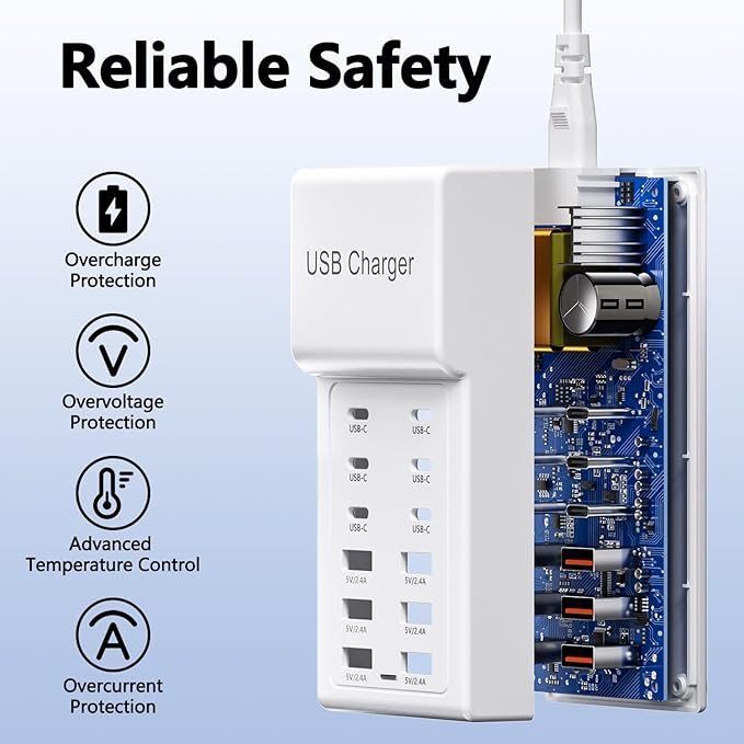 12-Port USB Charger 50W USB Charging Station, Fast Charger Hub for iPhone 15/14/13/12/Samsung/Tablet/Watch/Headphones/Laptop/Multiple Devices