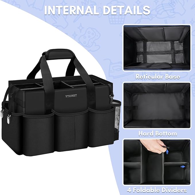 Ytonet Wearable Cleaning Caddy Bag, Large Cleaning Supplies Organizer with 4 Foldable Dividers, Caddy Organizer with Handle & Shoulder Strap & Waist Strap for Cleaners & Housekeepers, Black Grey