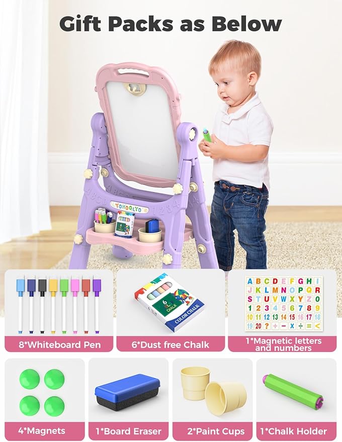 YOHOOLYO Kids Easel Standing Art Easel for Kids, Double Sided Children Pink Purple Easel Magnetic Chalkboard Whiteboard Dry Eraser Board Great Gift for Girls