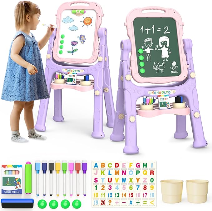 YOHOOLYO Kids Easel Standing Art Easel for Kids, Double Sided Children Pink Purple Easel Magnetic Chalkboard Whiteboard Dry Eraser Board Great Gift for Girls