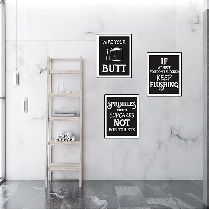 Zonon 9 Pieces Bathroom Wall Decor, Funny Vintage Bathroom Signs Washroom Quotes Sayings Art Prints Washroom Posters for Wall Restroom Toilet Decoration Pictures, Unframed(White Font)