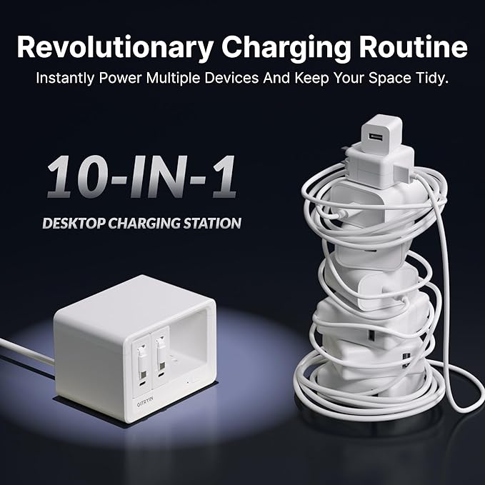 10-in-1 Desktop Charging Station with 2 Retractable Wall Chargers, 40W USB-C Power Strip with 6 AC, 2 USB C, 2 Type-C 31.5in Cables, Extension Cord with 1020J Surge Protection for Home Office
