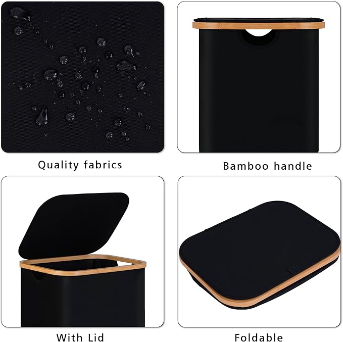 100L Laundry Hamper with Lid, Lagre Basket with Bamboo Handles,Foldable Clothes Hamper Tall Dirty Laundry Basket for Clothes Toys Towels Organizing,Black