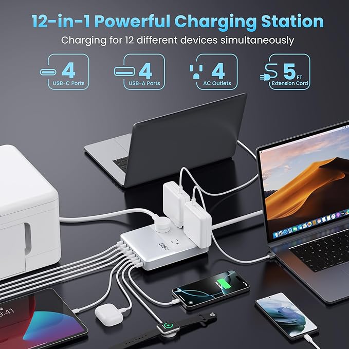 12-in-1 Charging Station USB C Power Strip with 5ft Cord,200W GaN IV USB C Charger Block,4 AC Outlets,4 USB-A,4 USB-C for MacBook,iPhone 16/15/14,Fast Charging Desktop Charger for Office (A-White)