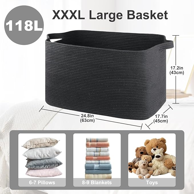 118L Extra Large Blanket Basket, 24.8" x 17.7" x 17.2" Woven Storage Basket for Living Room, Rectangle Nursery Blanket Storage for Toys, Towels, Dirty Clothes (Black)