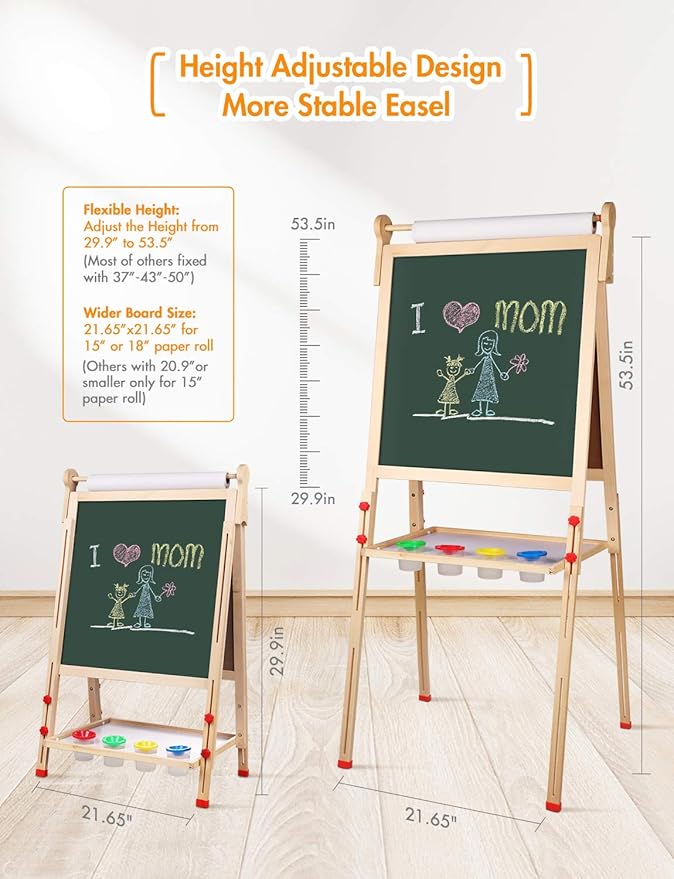 YOHOOLYO Kids Easel Wooden Children Art Easel Paper Roll,Double Sided Magnetic Whiteboard Chalkboard Dry Eraser Adjustable Height for Boys Girls Gifts